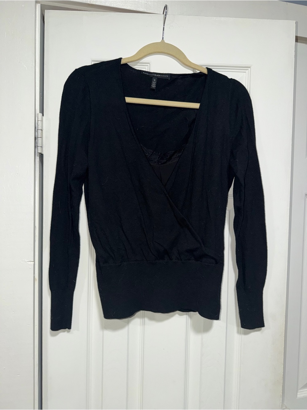 White House Black Market Black Wrap-Front Long Sleeve Top